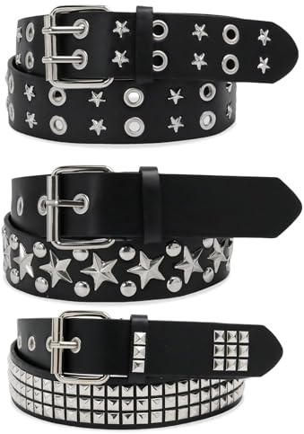 Dermalyx 3 Stück Schwarze Nietengürtel, Y2K Punk Rock Gürtel Mit Metall-Pyramiden, Vintage Gothic Star Schnallen Gürtel, Studded Belt, Y2K Accessoires