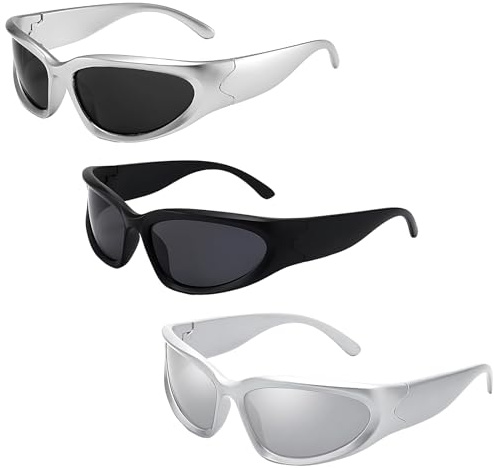 RzuoQnt 3 Paar Y2K Sonnenbrillen Herren Damen, Vintage Futuristische Wrap-around UV400 Schutz, Leicht für Radfahren Motorrad Golf Tennis Laufen Outdoor