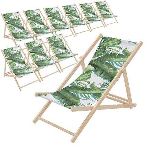 ECD Germany 10er Set Liegestuhl klappbar Tropical Grün-Weiß, aus Holz, Sonnenliege mit verstellbarer Rückenlehne, Strandliege bis 120kg, Gartenliege, Strandstuhl, Relaxliege für Garten Balkon Terrasse