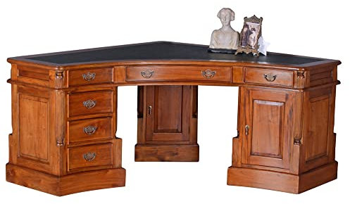 unbekannt Eckschreibtisch Chefbüro – Englischer Kolonialstil aus massivem Mahagoni mit Kunstleder-Schreibeinlage, 6 Schubladen & 2 Türen, 130×130×78 cm Schenkelmaß × 88 cm Tiefe mar097