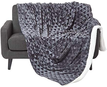 Homescapes Samt Kuscheldecke dunkelgrau 200x230 cm, Sherpa Fleece Wohndecke Felloptik, graue Tagesdecke geometrisch Gemustert
