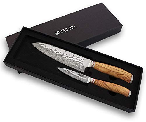 Wusaki Damas 10Cr Coffret de 2 couteaux de cuisine : santoku + couteau d'office - Lames damassées et manches en bois d'olivier