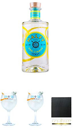 Malfy Gin Con LIMONE 0,7 Liter + Gin Sul Copo Ballon Glas 1 Stück + Gin Sul Copo Ballon Glas 1 Stück + Schiefer Glasuntersetzer eckig ca. 9,5 cm Durchmesser