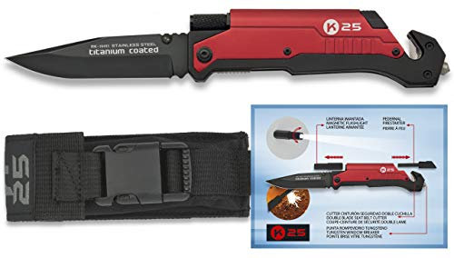 Navaja K25 Pedernal/Linterna 9 cm para Caza, Pesca, Camping, Outdoor, Supervivencia y Bushcraft K25 19451 + Portabotellas de regalo