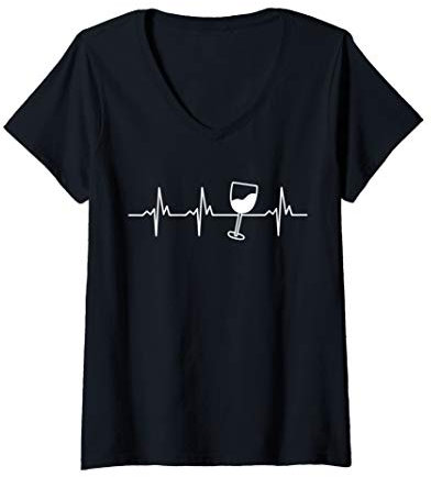 Damen Wein Herzschlag Weinglas Herz Frequenz AM PM Weinfest Fun T-Shirt mit V-Ausschnitt