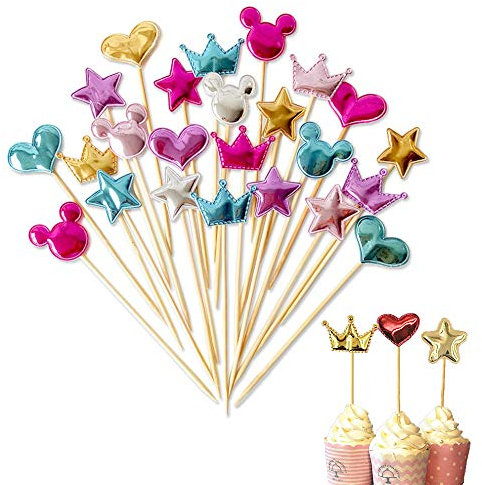 Dulau 40 Stück Zahnstocher Cake Topper, Krone Pentagramm Herz Kuchen Dekoration Party Supplies Cupcake Topper, Glitzer Cupcake Topper für Geburtstagsfeier Dekoration