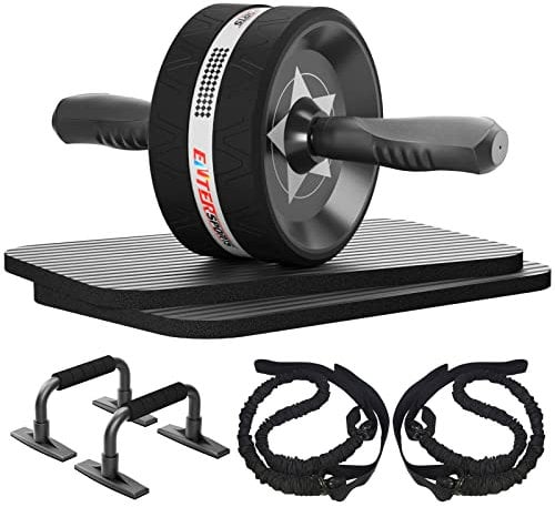 EnterSports Bauchroller Bauchmuskeltrainer ABS Roller, 6-in-1 Bauchtrainer mit Fitnessband, Liegestütze, Kniematte für Zuhause,Fitness Geräte, Bauchmuskel Roller, Gut für Heimtraining