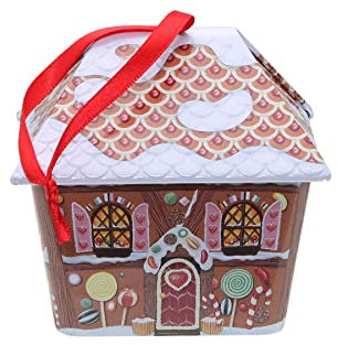 POWERHAUS24 Mini Lebkuchen Haus Blechdose mit Aufhänger, Geschenk, Aufbewahrung, Deko, Spielzeug, lebensmittelecht, ca. 10 cm x 10 cm, 2 Rezepte inklusive
