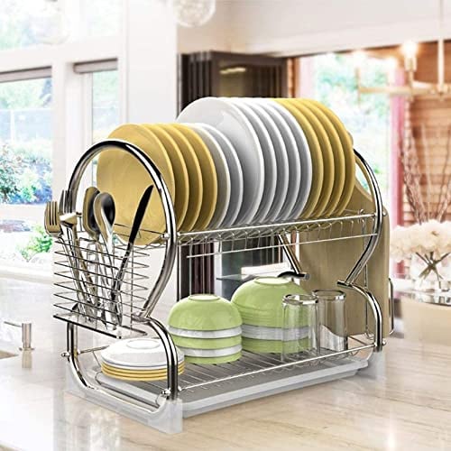HUOLE Égouttoir à Vaisselle Amovible Blanc à 2 Niveaux en Acier Inoxydable Support dégouttement à Assiettes avec égouttoir à Couverts Porte-Baguettes 40 * 24 * 38 cm (Support de Planche à découper)