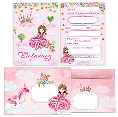 Junapack 12 Einladungskarten incl. 12 Umschläge zum Kindergeburtstag Mädchen Prinzessin mit Einhorn