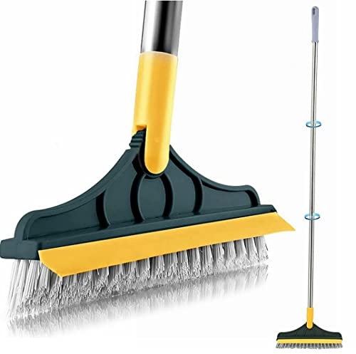 2 in 1 Cleaning Scrub Brush Grout Brush Scrapee 3 Poles 53.5'' Floor Scrub Brush with Long Handle V-Shape Stiff Bristle Brush Scrubber with Squeegee 120°Rotate Magic Broom Brush for Bathroom Glass