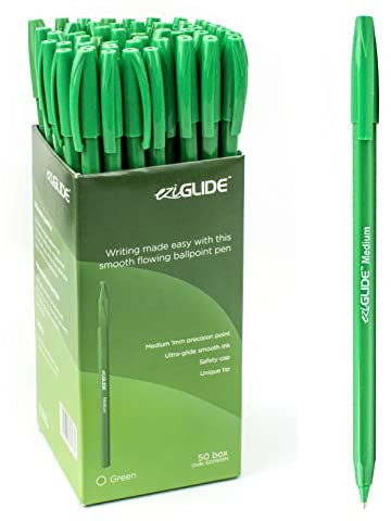 Eziglide Ballpoint Pen Set, 50-Pack Green – Easy Grip & Medium Point (1.0mm) for Ultra-Smooth, Skip-Free Writing & Quick-Dry Ink – Ideal for Office, Work, Exam, School, Home & Stationery Use