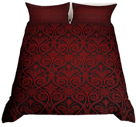 Rot-schwarzes Ombré Gothic Bettwäsche-Set King-Size für Jungen Vintage Goth Blumen-Damast Bettbezug Antik Viktorianisch Barock Bettdeckenbezug Hotel Luxus Bettbezug Bohemian Exotisch Schlafzimmer