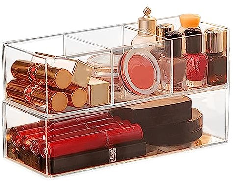 QINERSAW 2er Set Acryl Kosmetik Make Up Organizer Schublade Stapelbar Beauty Cosmetic Organizer Kosmetik Aufbewahrung Make Up Aufbewahrungsbox Schminke Schminktisch Kosmetikbox Transparent