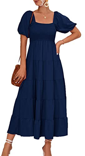 Damen FrüHling Und Sommer Feste Farbe Blase äRmel Sweet Fresh Fashion Elegant Casual A-Linie Kurzarm Kleid