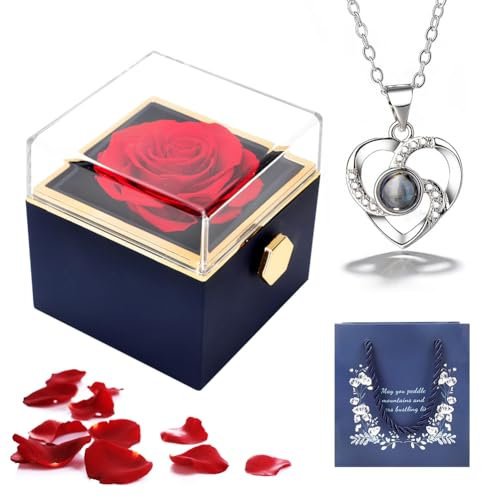 DASIAUTOEM Konservierte Rosen mit Ich Liebe Dich Halskette, Ewige Blume Rose Geschenkbox, Damen Halskette Geschenke, Rosenbox für Frauen Mama Freundin Geburtstag Geschenk Weihnachten Jubiläum