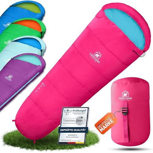 NORDBÄR® Kinderschlafsack für Jungs & Mädchen bis 145 cm Körpergröße | Innenfutter aus 100% Baumwolle | Mumienschlafsack leicht & warm | Kinder Outdoor Schlafsack [1200g] Kinderschlafsäcke