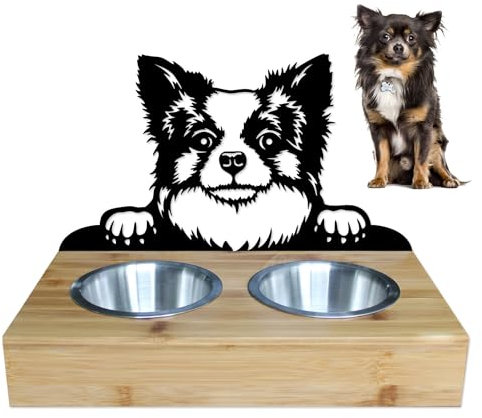 LEFEVRE PARIS • Support gamelles pour Chien et Chat en métal et Bois. 2 écuelles en INOX Inclus. Nourriture/Eau. Longueur 350 mm, Hauteur 258 mm. Made in France (Chihuahua)