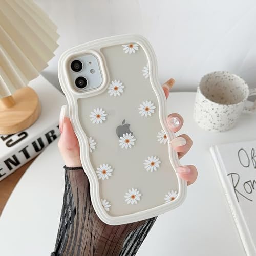 ZTOFERA Case for iPhone 11, Cute Curly Wave Frame Case with Flower Pattern, Transparent Soft TPU Shockproof Protective Bumper Cover for iPhone 11 6.1 - White Daisy