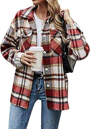 OMZIN Damen Karo Jacke Knöpfe Übergröße Kurz Mit Karomuster Taschen Langarm Leichtes Shirt Jacke Style Herbst Tops Top Rosa M