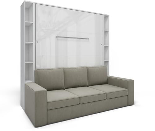 MAXIMAHOUSE Schrankbett vertikal Invento LED 160V (160x200) mit Sofa Milo und Regalen (Weiß/Weiß Glanz + beiges Sofa + Regalen)