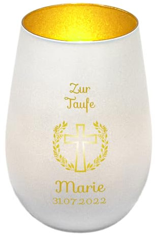 Windlicht mit Gravur zur Taufe | Weiß/Gold | Motiv Kreuz mit Blumenkranz | Geschenk zur Taufe Junge Mädchen | Tischdeko und Taufgeschenk personalisiert | Kerzenhalter | Teelichtglas | Teelichthalter