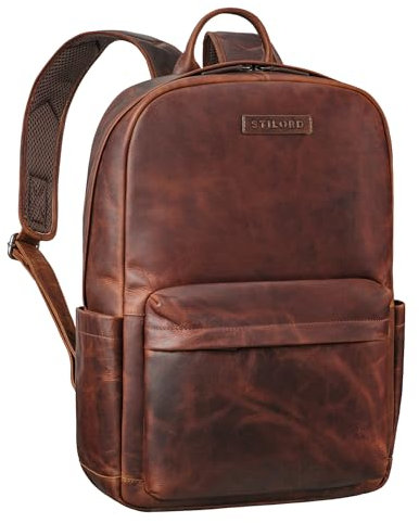 STILORD 'Alois' Sac à dos classique ordinateur portable 15 pouces, Cuir, Marron, Sac à dos d'affaires, Grand sac à dos, Unisex, L, Couleur:ambra - cognac