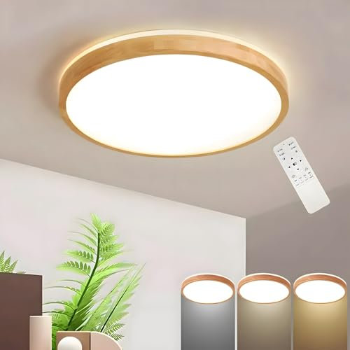 WayLuoung Holz LED Deckenleuchte | Ø50cm 3000-6000K 36W | Runden Oberseite, 360° Leuchtende Natürliche Holzlampe, Schlafzimmer Wohnzimmer Kinderzimmer Küche Esszimmer (Dimmbar Mit Fernbedienung)