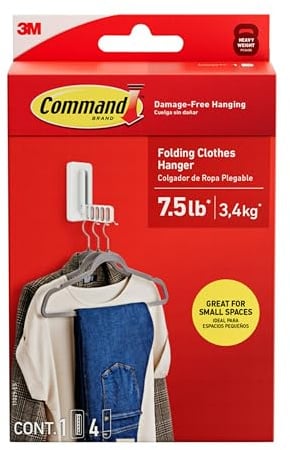 Command Folding Clothes Hanger, Holds up to 5 Hangers 7.5 lb, 1.5lbs per Rung, 1 Hook with 5 Rungs, 4 Strips, Closet Organizer, Home Organization