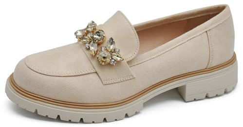 IF Fashion Scarpe Mocassini Slip On Loafers Morbidi Donna con Strass Pietri Camoscio Scamosciato YL216 Beige N.38