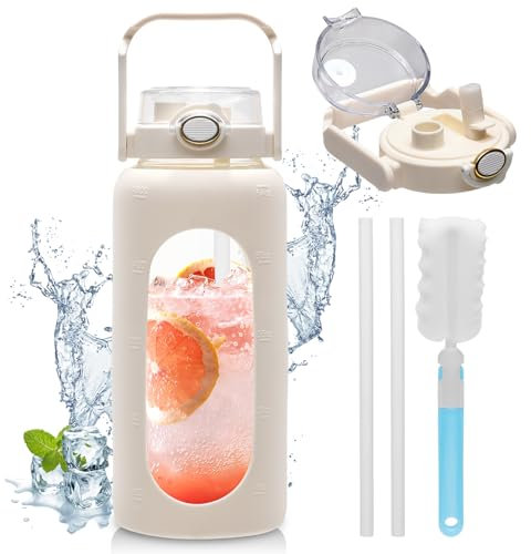 Botella de cristal de 1900 ml con pajita y mango, botella de cristal con marcador de tiempo y funda de silicona, botella de agua a prueba de fugas, sin BPA, para deportes en casa, botella de deporte,