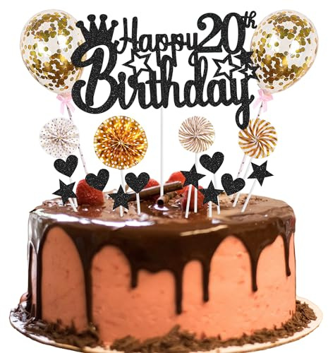 Tortendeko für 20. Geburtstag - Happy 20th Birthday Glitter Cake Topper für Mann und Frau in Schwarz und Gold
