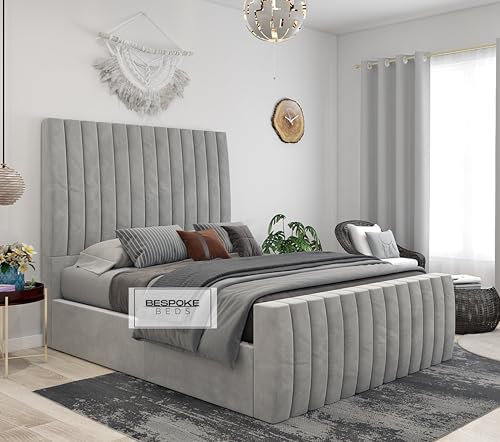 BESPOKE BEDS Upholstered Panel Bed Frame Double King, Super King Size Without Mattress, Slatted Fabric Bed Frame - Plush & Naple Velvet (Grey Plush Velvet, 6FT SUPER KING)