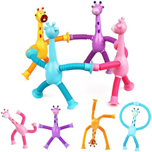 4 Piezas Juguetes Sensoriales de Jirafa con Ventosa, Juguete De Jirafa Telescópico, Juguete de Estrés Jirafa, Juguetes Sensoriales de Tubo Pop de Jirafa, Juguetes Educativos para Adultos y Niños