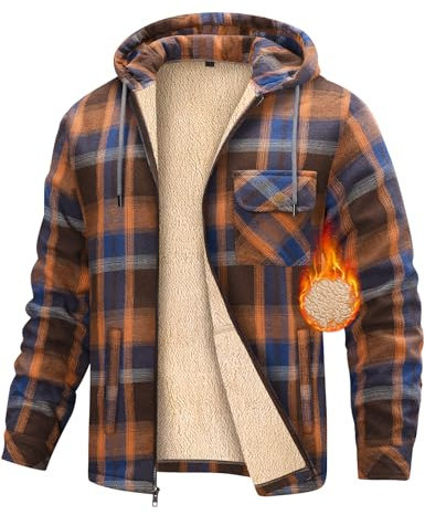 heekpek Sweat a Capuche Homme Vestes Doublées en Polaire Blouson Hiver Manteau Sherpa Chaud Hoodies Sweatshirt Chemises à Carreaux Zippées en Flanelle pour Le Travail à L'extérieur, Orange, M