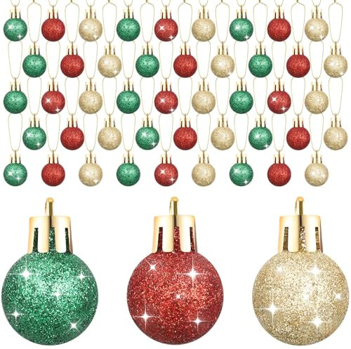 Liliful 72 mini esferas de Navidad con purpurina, adornos colgantes para árbol de Navidad, fiesta, boda, decoración interior y exterior (verde, rojo, dorado, 0.79 pulgadas)
