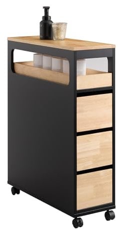 SoBuy Meuble Salle de Bain à roulettes, Armoire de Salle de Bain Étroit avec 3 Tiroirs et Étagère Réglable, Petit Meuble WC en Bois pour Toilette, Noir, 65x24x82cm BZR54-SCH