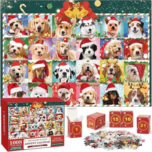Advent Calendar 2024 Christmas Jigsaw Puzzles, Christmas Dogs Jigsaw Puzzles 1008 Pieces Puzzle 24 Days Christmas Countdown Calendar Family Game Xmas Gifts Decorations for Kids Teens Adults (A)
