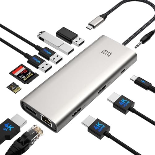 USB C Docking Station,Minthouz 12 in 1 Triple Monitor Thunderbolt4 & 100W PD USB C Hub for Dell/HP/MacBook Pro, 4K@144Hz DP+2×HDMI, 4×USB, Gig LAN/SD/TF Multiport Adapter for Win11/MacOS+Linux