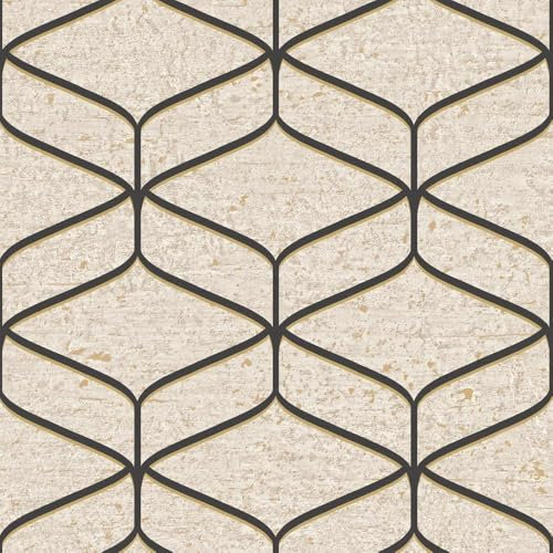 Linear Concrete Cream Black Wallpaper - Metallic Effect Stylish Trendy Modern Contemporary Feature Wall