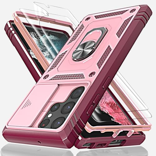 for Samsung S22 Ultra Case with Camera Cover Slider, 2*Screen Protectors,Build in 360°Rotating Ring Kickstand, Military Grade Protective Case for Samsung Galaxy S22 Ultra 5G 6.8-Wine Red/Pink