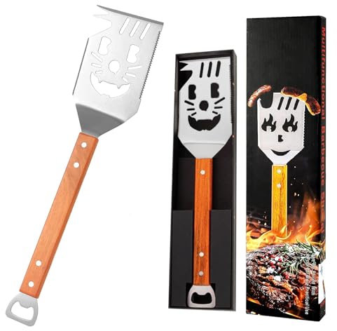 7-in-1 BBQ Grillwender mit Holzgriff, Multifunktionale Grillspachtel aus Edelstahl, 38 cm