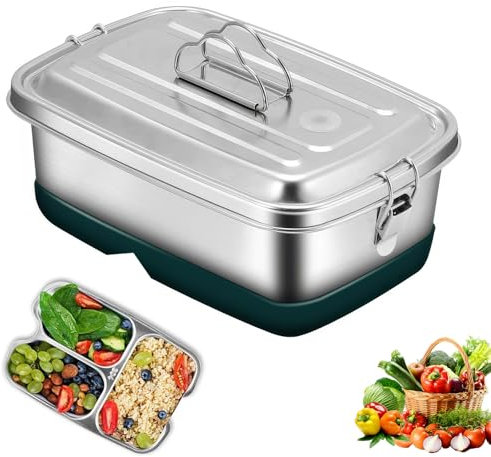 2L Stainless Steel Lunch Box, Leak Proof Lid Bento Boxes with Lock Clip,Metal Lunch Box Portable Food Containers with Two Layers 3 Compartments, Bpa Free Lunchbox for Salads,Snacks,School,Work,Camping