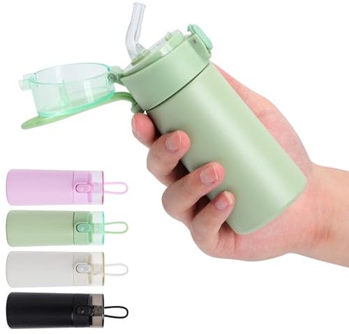 Risipu Small Water Bottle 150ml with Straw – Mini Thermos Flask for Hot and Cold Drinks, One-Hand Open, Leak-Proof Lid, Stainless Steel, Portable for Coffee, Milk, Juice (Green)