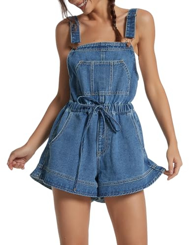 Women's Sleeveless Denim Romper Shorts Ruffle Hem Adjustable Strap Casual Jean Jumpsuits One Piece Outfits