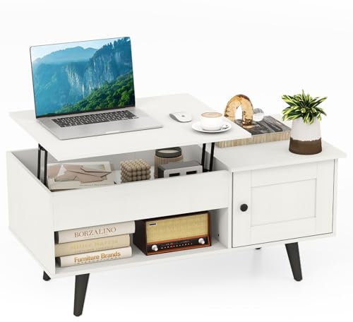 COSTWAY Lift Up Top Coffee Table, Wooden Lifting Cocktail Center Table with Hidden Storage Compartment, Door Cabinet and Open Shelf, Rectangle Accent Sofa Side Tea Table for Living Room (White)