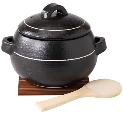 Japanischer Donabe-Reiskocher – 3 Go mit Bambus-Reisschaufel und Untersetzer – Banko Ware – Hergestellt in Japan