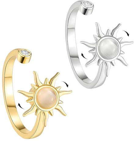 2 Pcs Fidget Rings for Anxiety Women, Adjustable Gold Rings for Women Fidget Ring Gold and Silvery, Adjustable Open Sunflower Ring, Stress Relieving Gift for Womens