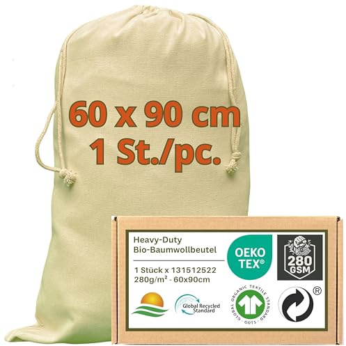 WIESEN.design Laundry bag - 280 g/m² OEKO-TEX® zertifizierte Heavy-Duty Baumwolle für langlebige, professionelle Anwendungen, 60x90 cm - 1 St. Wäschesack groß, Baumwollbeutel mit Kordelzug
