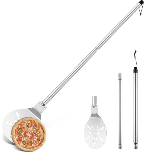 Herogo Pala per pizza in acciaio inox perforata da 9 pollici, pala rotonda in metallo, con manico lungo rimovibile in metallo per una facile scorrevolezza, facile da pulire e conservare, 22,8 x 25,4 x